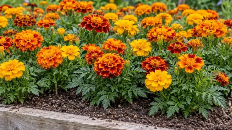 Afrikaantjes zaaien: lage afrikaantjes in een moestuinbed