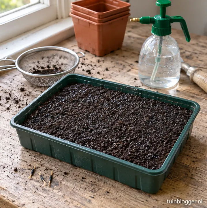 Zaaibakje met dun laagje grond, zeef en plantenspuit ernaast