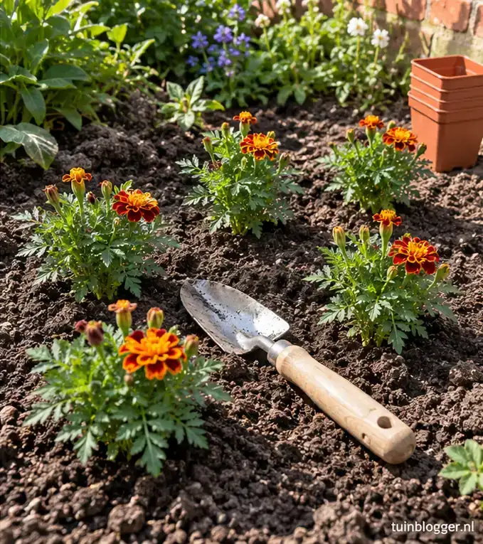 Jonge afrikaantjes uitgeplant in een zonnige border, schepje ertussen