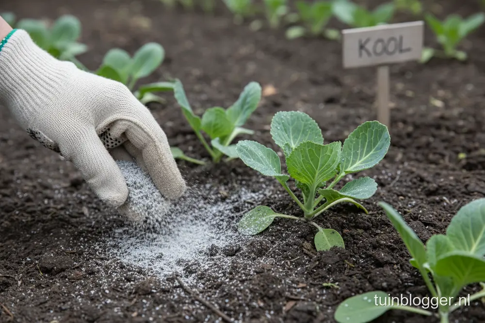 Hand met handschoen strooit een dun laagje houtas tussen jonge koolplanten