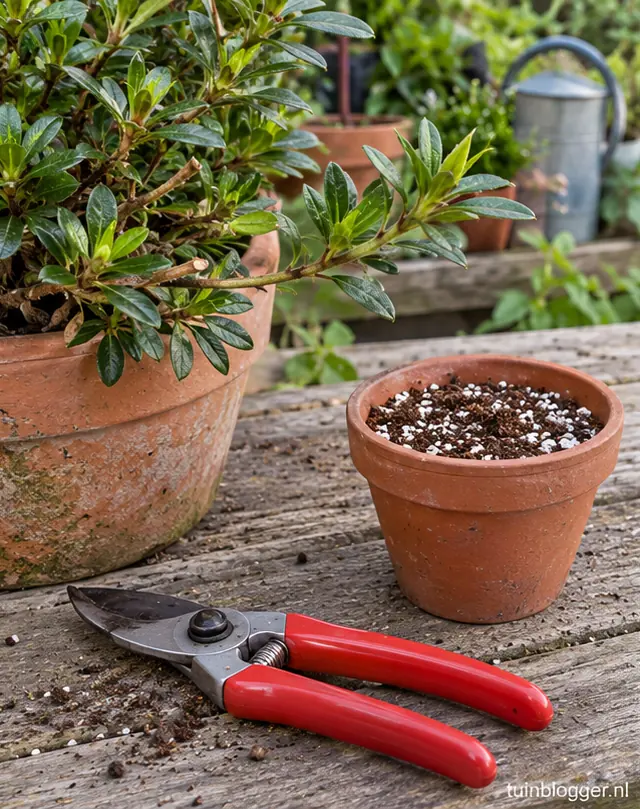 Halfrijpe scheut van dit jaar aan een Japanse azalea