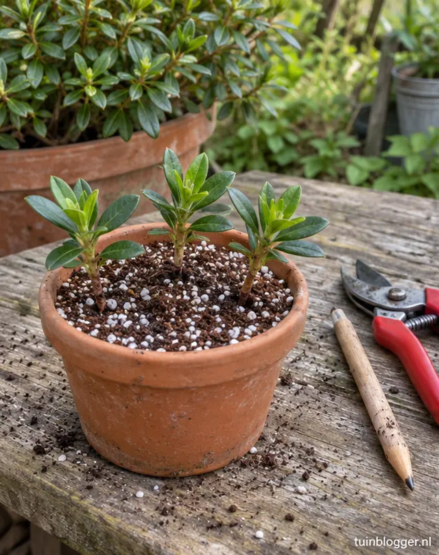 Drie azaleastekken in een pot met turf en perliet