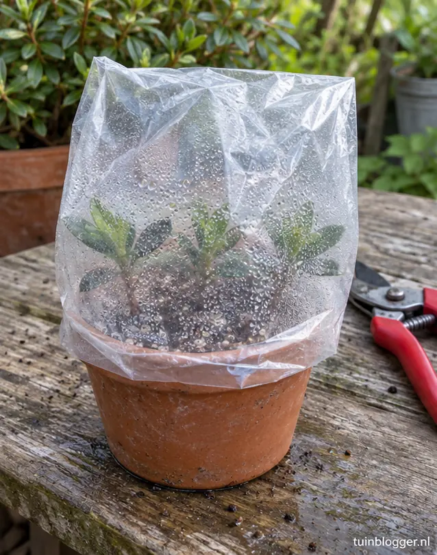 Pot met azaleastekken onder een doorzichtige plastic zak