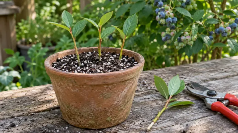 Blauwe bes stekken in een pot op de werkbank, met de moederplant erachter