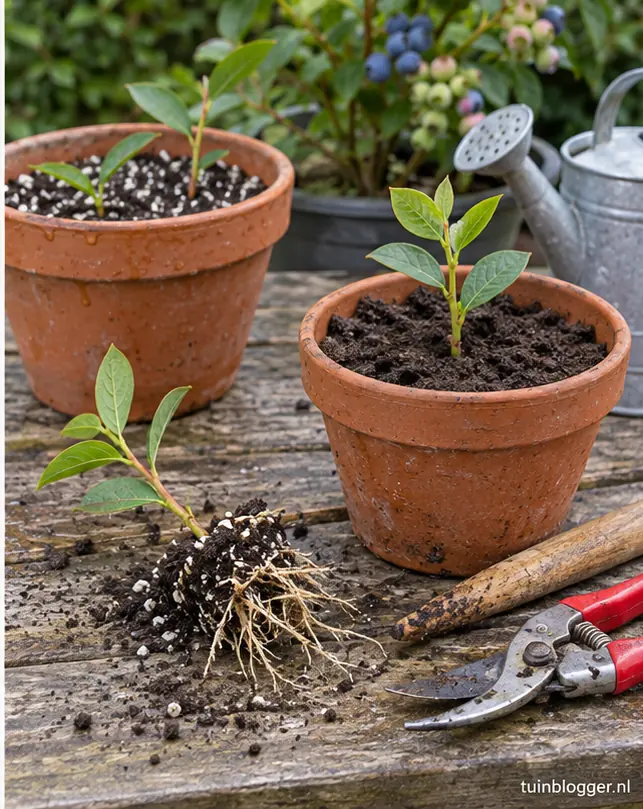 Bewortelde stek van blauwe bes naast pot met heidegrond
