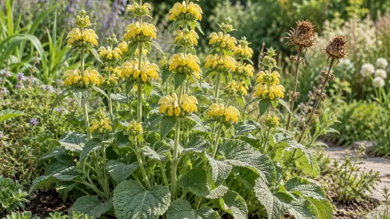 Bloeiend brandkruid (Phlomis russeliana) met gele bloemkransen en grijsgroen blad in een border