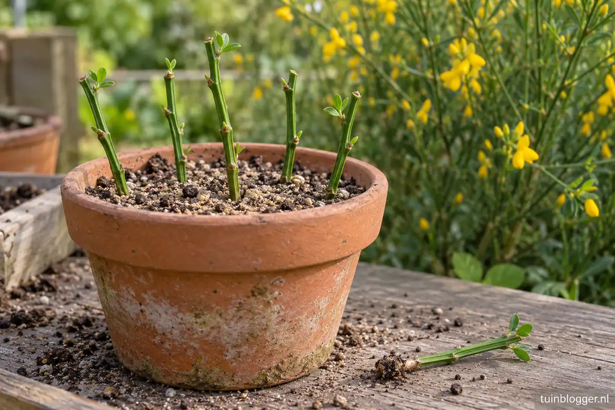 Stekken van brem in een terracotta pot met stekgrond, met een bloeiende brem op de achtergrond