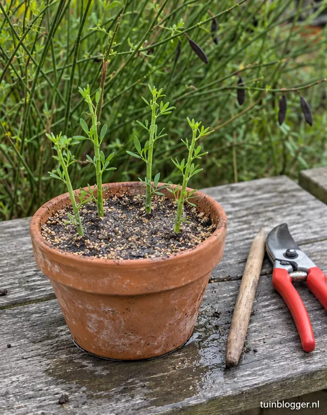Vier bremstekken in terracotta pot met zanderige stekgrond