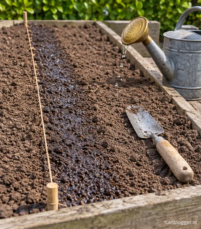Dichtgemaakte zaairij met vochtige grond en gieter