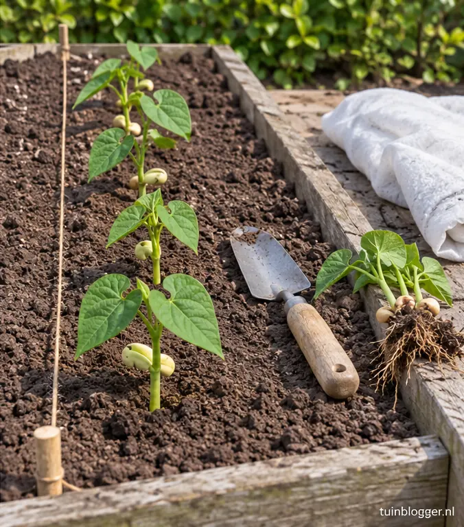 Jonge bonenplantjes in de rij, uitgedund op gelijke afstand