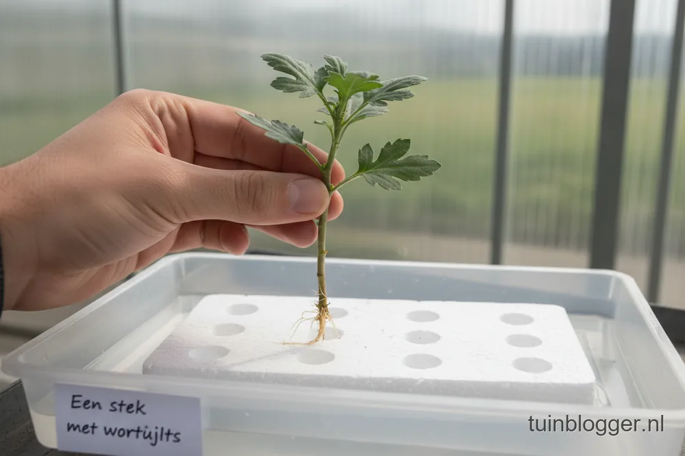 Een chrysantenstek met korte witte worteltjes, vastgehouden boven een bakje water met een piepschuimplaatje.