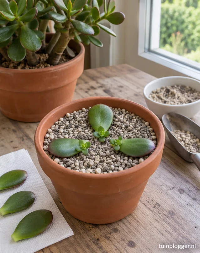 Mini-crassulaplantjes groeien aan de basis van de gelegde bladeren