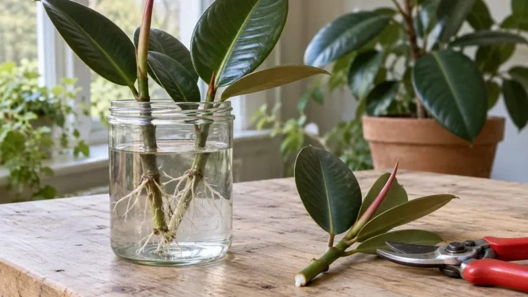 Ficus stekken in water: glas met bewortelde stekken van een rubberplant op een werktafel bij het raam