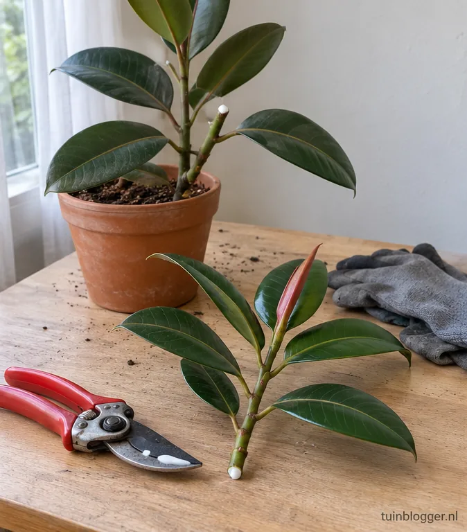 Afgeknipte ficusstek met wit sap op de snede naast snoeischaar