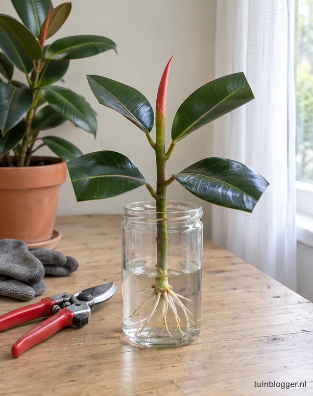 Witte wortels aan ficusstek in een glas water