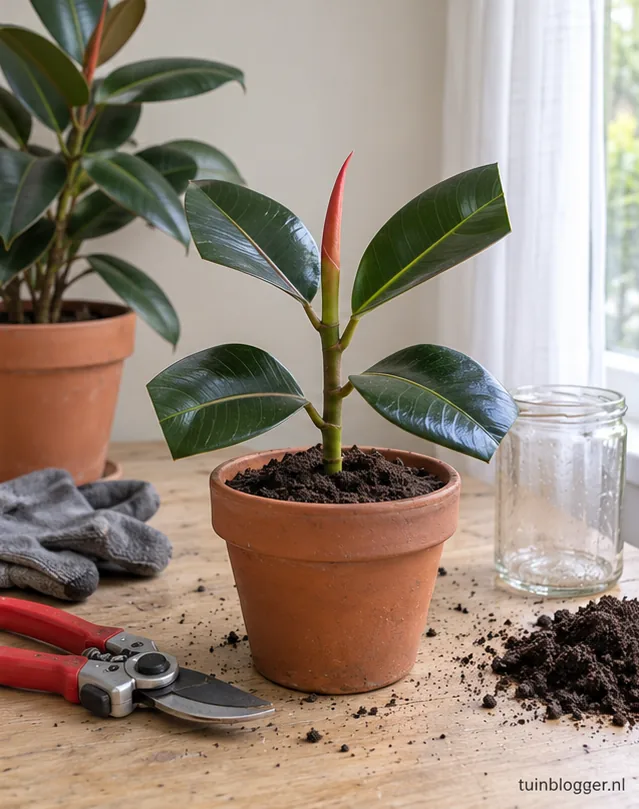 Bewortelde ficusstek opgepot in kleine terracotta pot