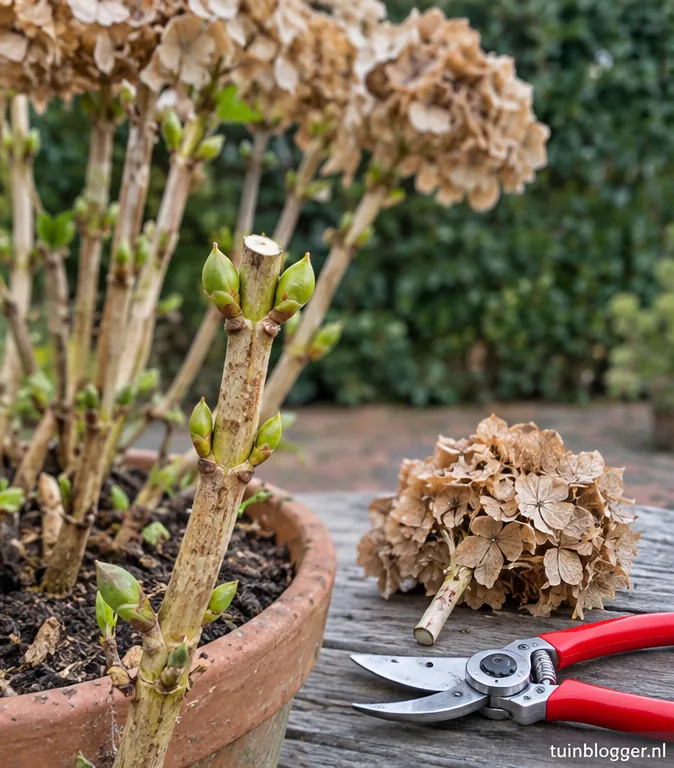 Hortensiastengel afgeknipt net boven een paar groene knoppen