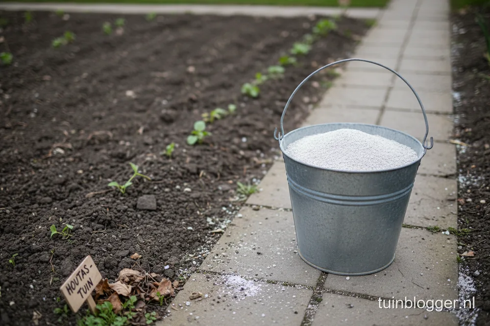 Metalen emmer met afgekoelde grijze houtas op een tuinpad naast een moestuinbed