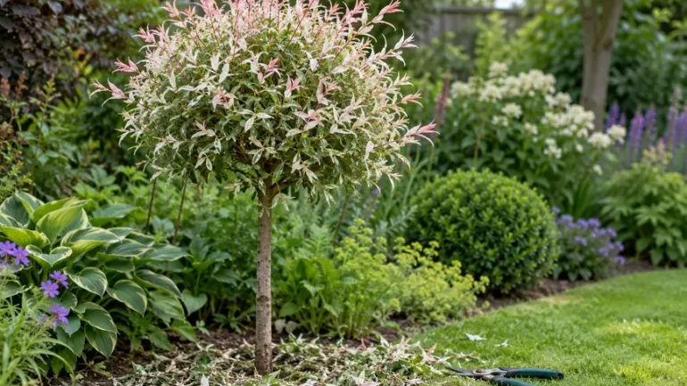 Japanse wilg op stam met een ronde kruin van roze en witte scheuten, met snoeisel op het gras