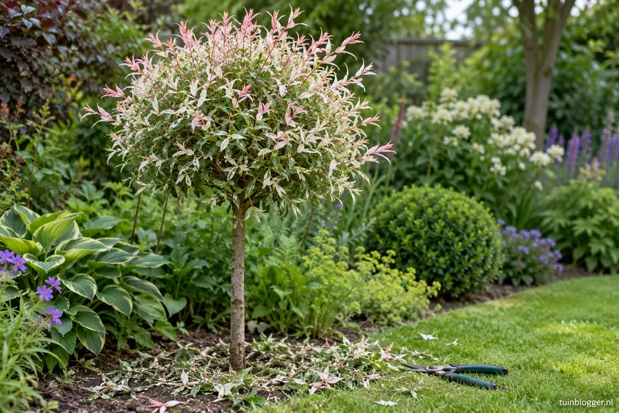 Japanse wilg op stam met een ronde kruin van roze en witte scheuten, met snoeisel op het gras