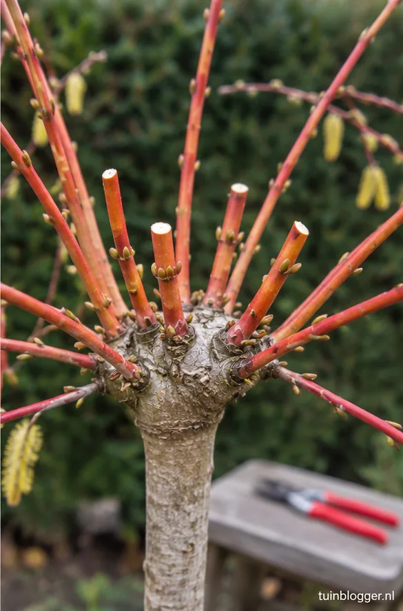 Ingekorte oranjerode wilgenscheuten met gladde snede vlak boven een knoppenpaar