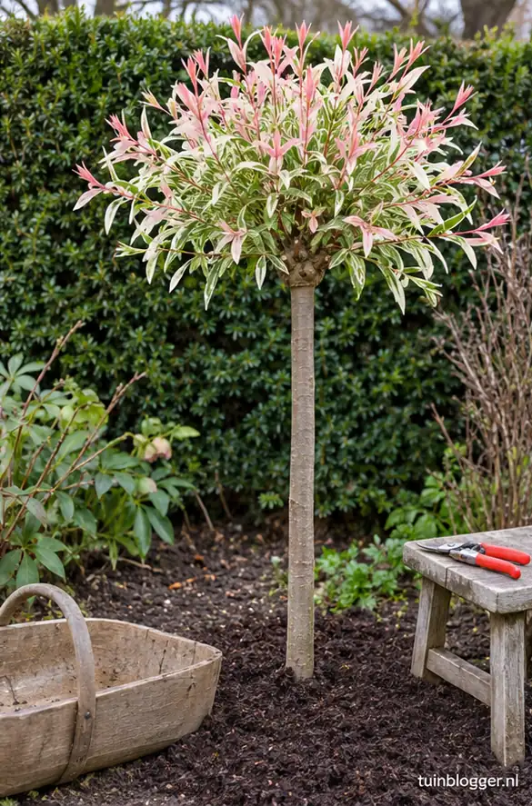 Bonte wilg op stam met roze en witte jonge scheuten en compostlaag