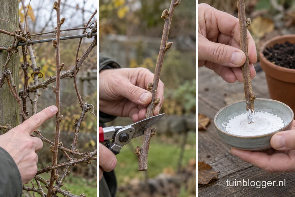 Kiwi stekken in drie stappen: scheut kiezen, schuin afsnijden onder een knop, voet in stekpoeder