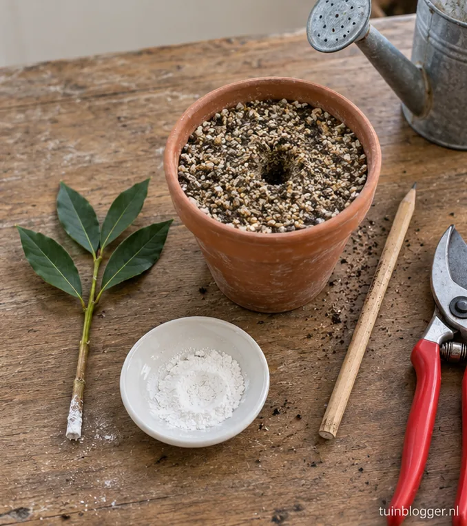 Laurierstek met stekpoeder aan de basis naast pot met plantgaatje