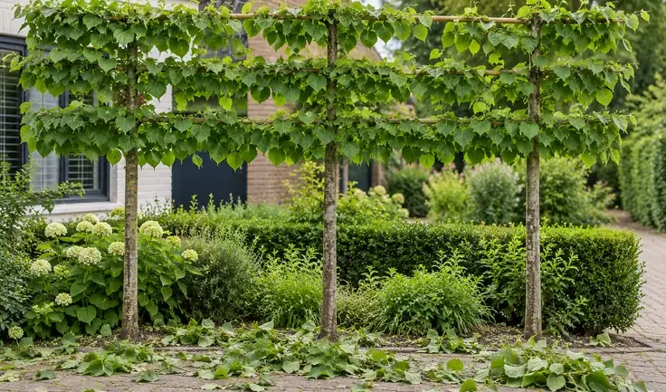 Drie leilindes in blad voor een huis, met afgeknipte scheuten op de bestrating