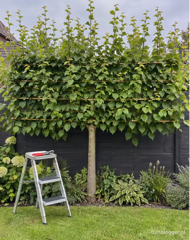 Leilinde vol in blad met lange nieuwe scheuten in de zomer