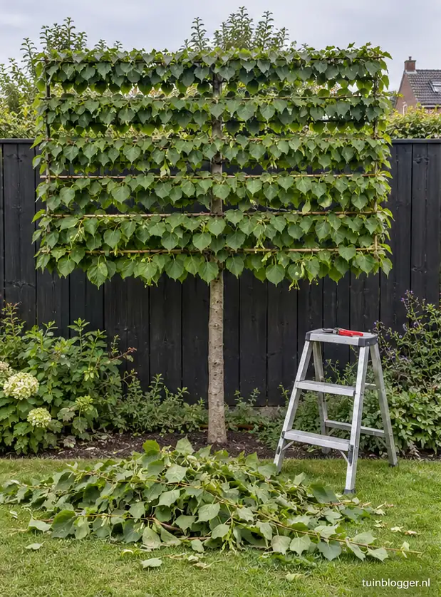 Strak gesnoeide leilinde met vijf zichtbare etages in blad