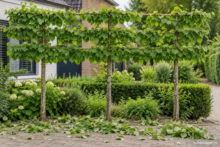 Drie leilindes in blad voor een huis, met afgeknipte scheuten op de bestrating