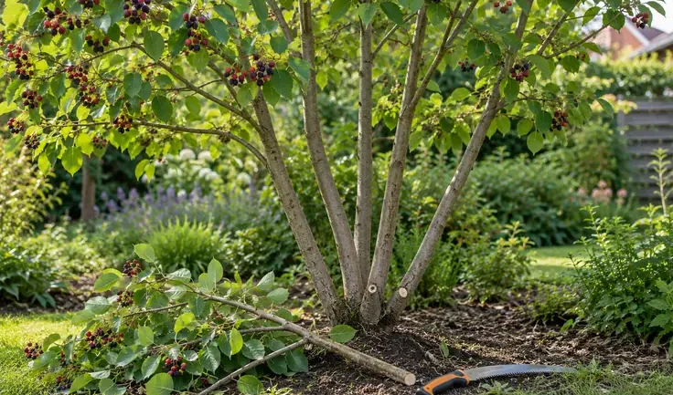 Meerstammige krentenboom met bessen, met een afgezaagde tak en een snoeizaag bij de voet