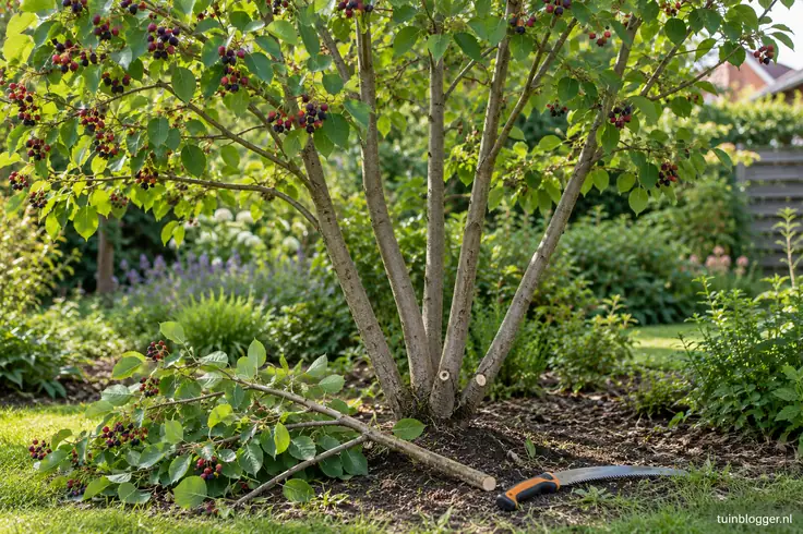 Meerstammige krentenboom met bessen, met een afgezaagde tak en een snoeizaag bij de voet