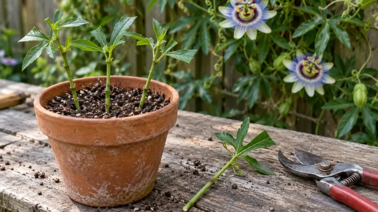 Passiebloem stekken: pot met drie stekken, de blauwe passiebloem erachter