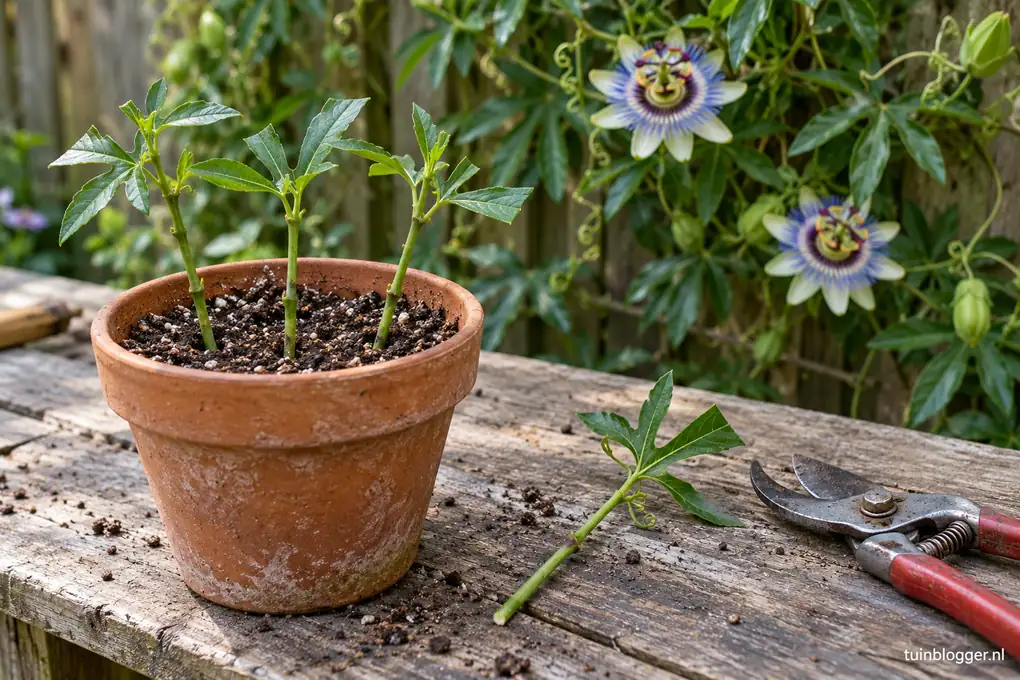 Passiebloem stekken: pot met drie stekken, de blauwe passiebloem erachter