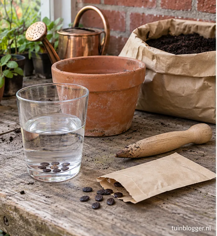 Zaden van passiebloem weken in een glas lauw water