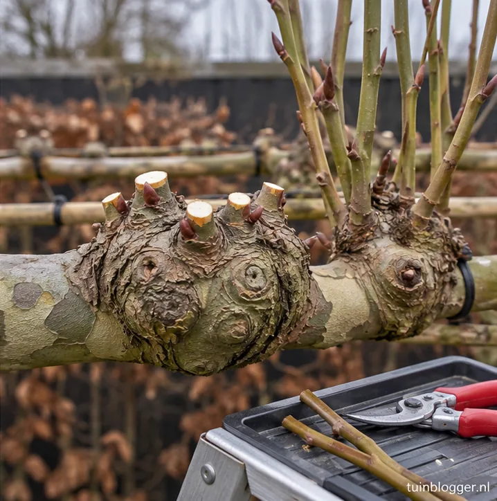 Knobbel op gesteltak met jaarscheuten vlak erboven afgeknipt