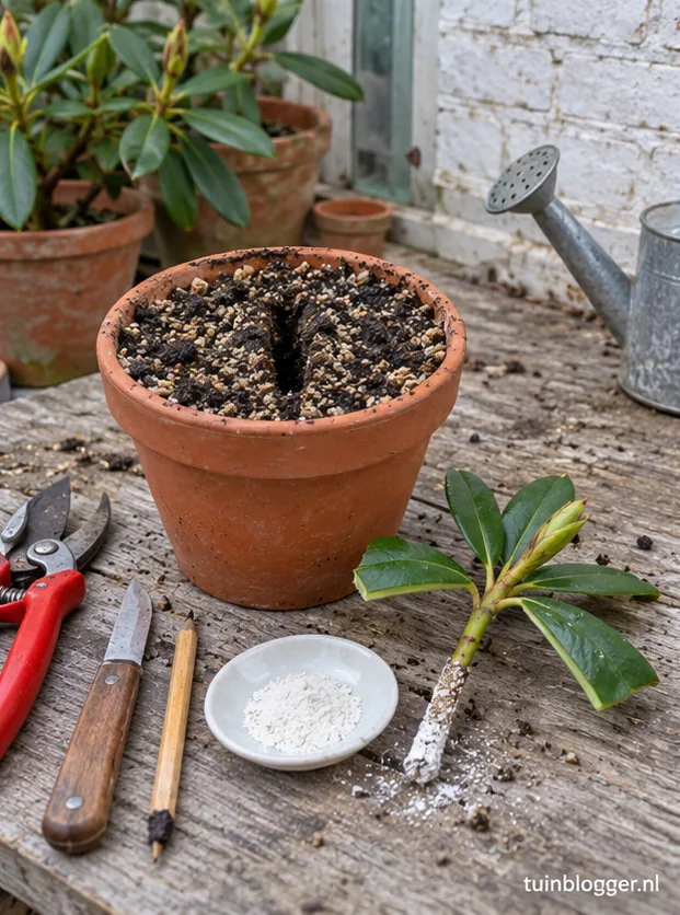 Pot met stekmengsel en plantgat, stek met stekpoeder ernaast
