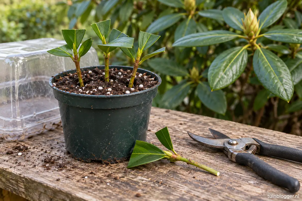Rhododendron stekken: pot met stekken met gehalveerd blad