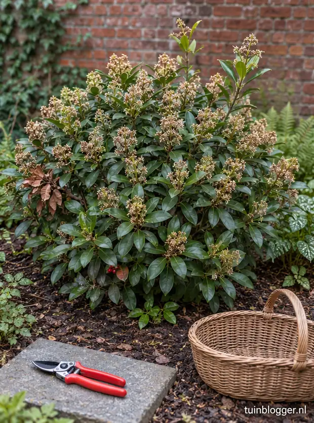 Skimmia na de bloei met twee uitstekende scheuten