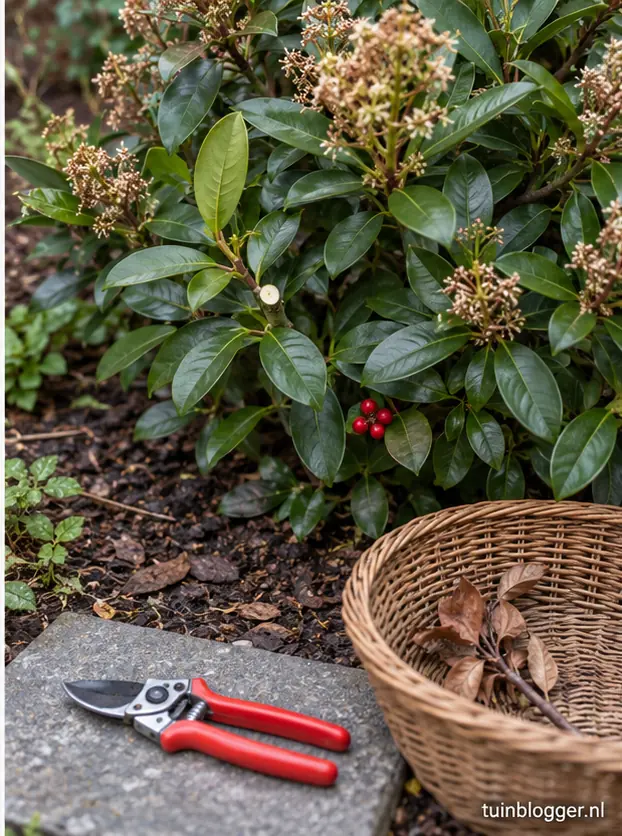 Dode twijg uit skimmia geknipt tot op gezond hout