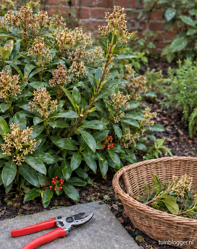 Lange scheut van skimmia ingekort tot binnen de struik
