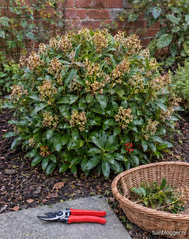 Gesnoeide skimmia met mandje met enkele afgeknipte scheuten