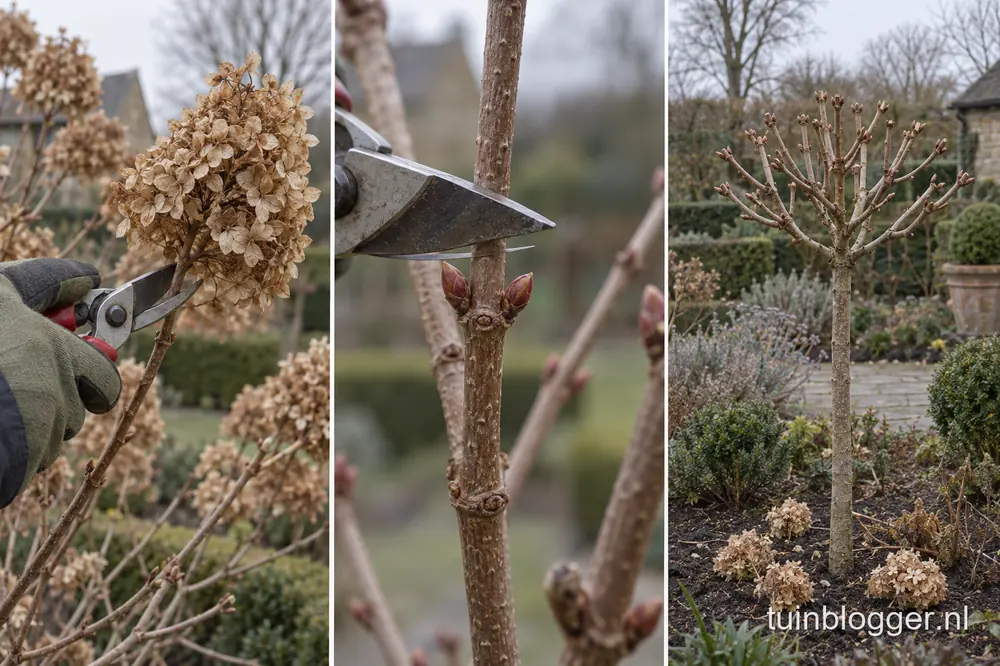 Drie stappen bij het snoeien van een pluimhortensia op stam: uitgebloeide pluim wegknippen, snijpunt boven een knooppaar, kroon na de snoei