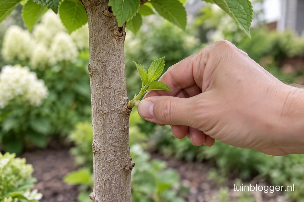 Hand breekt een jonge uitloper weg die halverwege uit de stam van een stamhortensia groeit