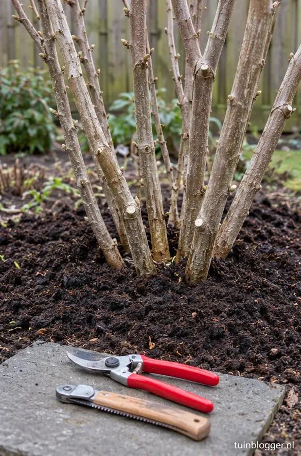 Laag compost als mulch rond de gesnoeide tuinhibiscus
