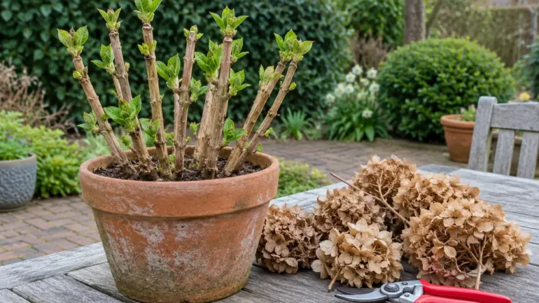 Uitgebloeide bloemen hortensia snoeien: boerenhortensia in pot met de afgeknipte droge bollen ernaast