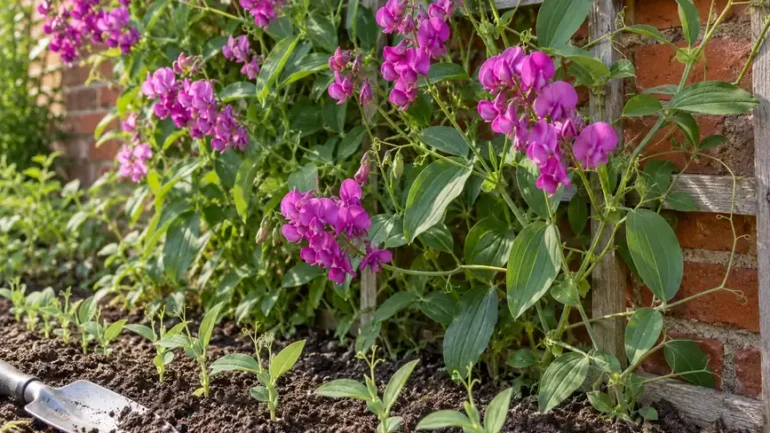 Vaste lathyrus zaaien: bloeiende brede lathyrus met paarsroze bloemen tegen een houten klimrek